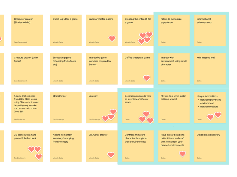 Rapid ideation board. The highlighted notes are my contributions. I was suprised by how many ideas that came to me after the research on sandboxes.