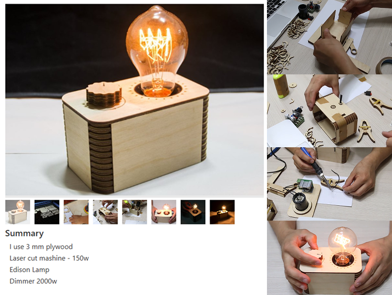 Screenshots from a website & video about a small lamp box that uses an lightbulb. I found it really interesting watching him create the lamp out of many many small pieces. It was inspiring when moving forward with the laser cut <a href='https://3axis.co/laser-cut-edison-lamp-with-dimmer/91jkdypo/' target='_blank'><p>Link to website</p></a>