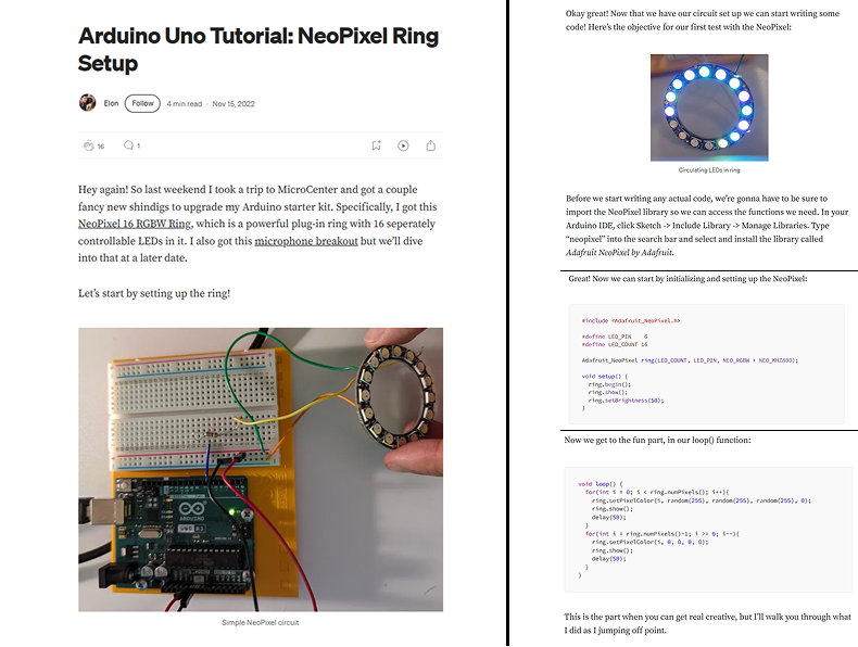 A few screenshots of the a website featuring a tutorial introduction to the neoPixel lights. This tutorial with example code was useful in the very early inital check to see if the neoPixels were working when I plugged them in. It also served as an introduction to how they are coded <a href='' target='_blank'><p>APDS 9960 video</p></a>